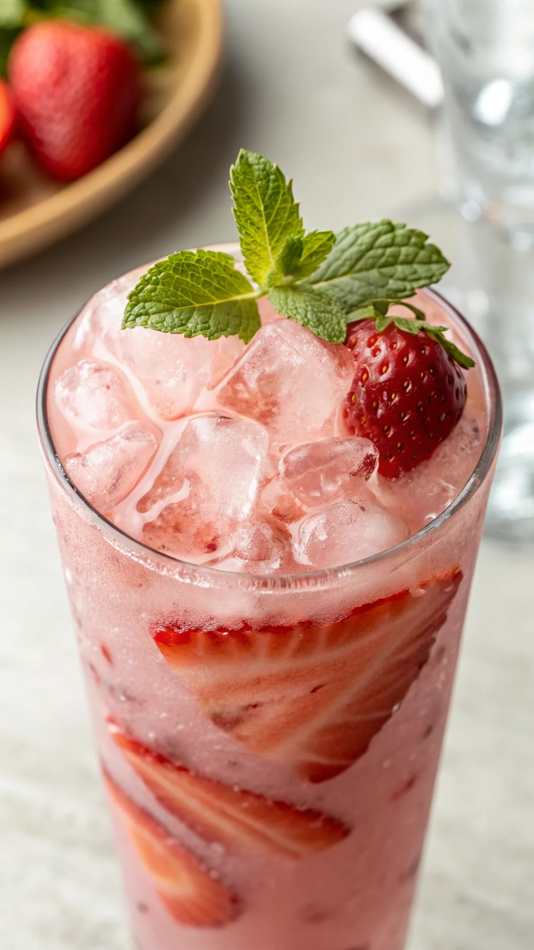 Close-up vertical portrait of a strawberry acai refresher in a tall glass with ice, topped with fresh strawberry slice and mi