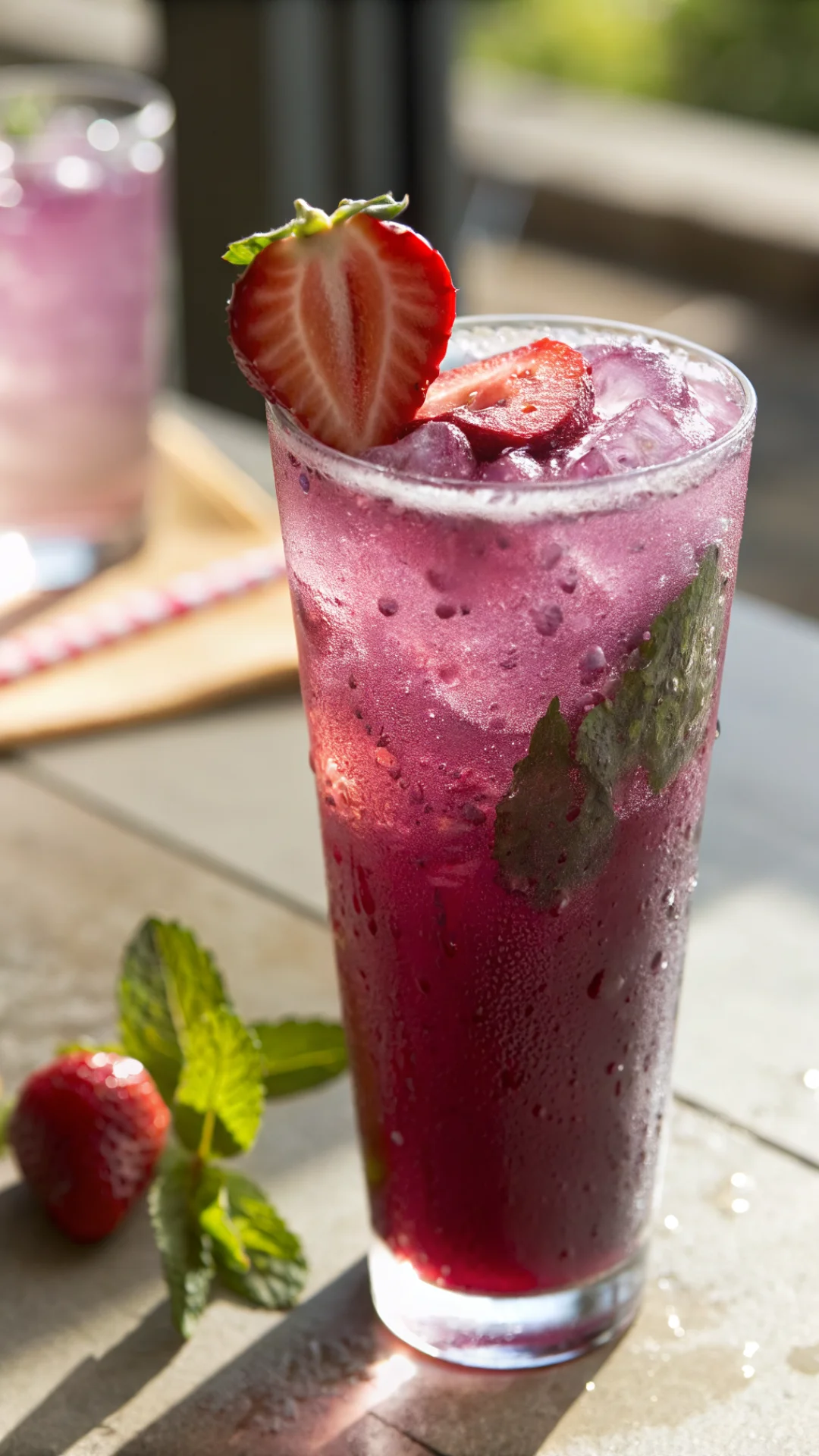Close-up vertical portrait of a tall glass filled with vibrant purple-pink Starbucks Strawberry Acai Refresher copycat drink,