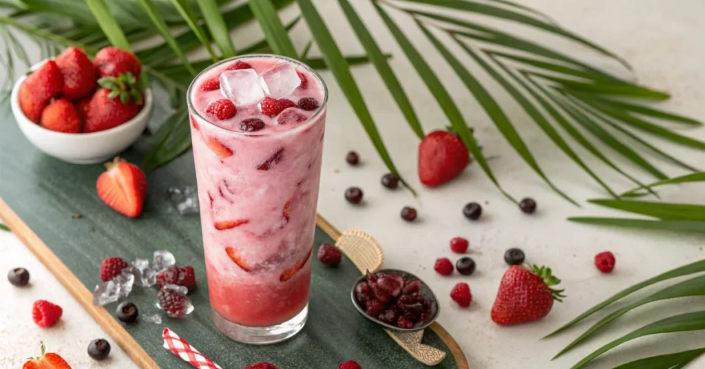 Overhead flat lay of a vibrant pink strawberry acai refresher with coconut milk swirl in a tall glass, ice cubes visible, tro