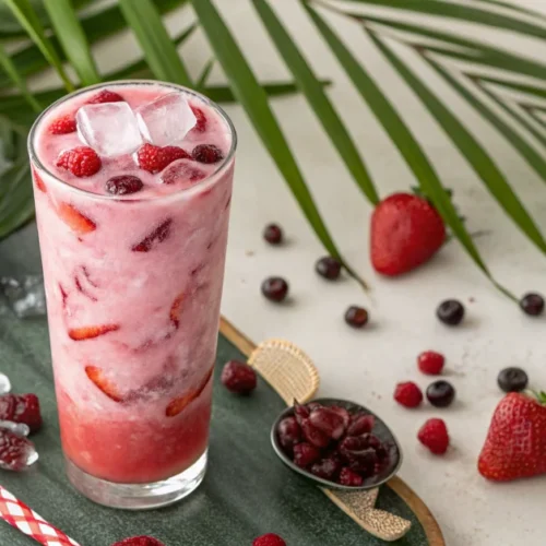 Overhead flat lay of a vibrant pink strawberry acai refresher with coconut milk swirl in a tall glass, ice cubes visible, tro