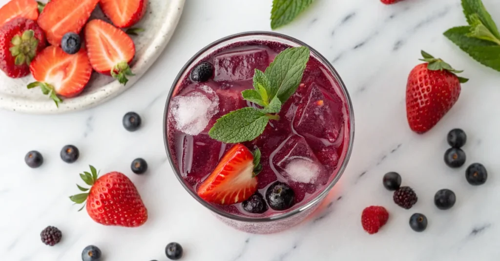Overhead flat lay of a vibrant purple Starbucks Strawberry Acai Refresher copycat drink in a clear glass with ice, fresh stra
