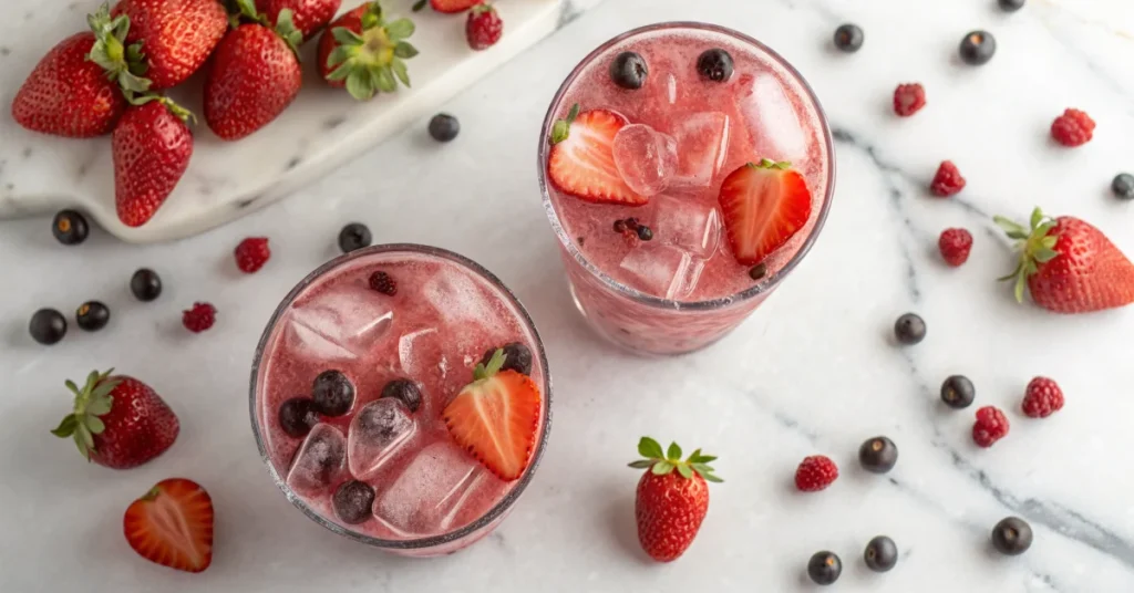 Overhead flat lay of two pink strawberry acai refresher drinks in tall glasses with ice, surrounded by fresh strawberries and