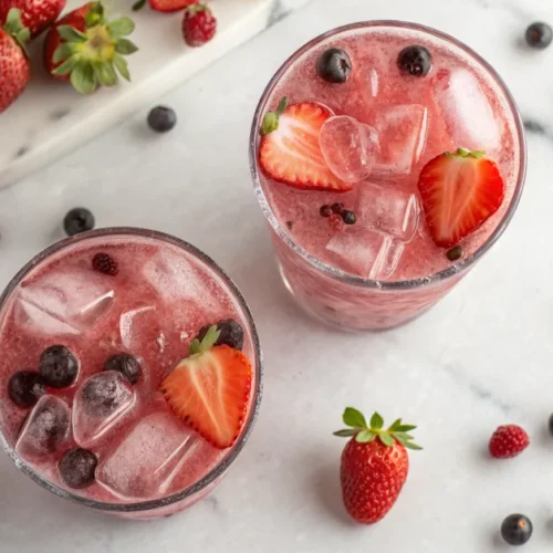 Overhead flat lay of two pink strawberry acai refresher drinks in tall glasses with ice, surrounded by fresh strawberries and